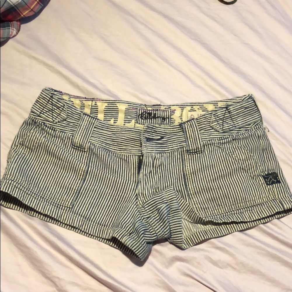 Blue and white striped denim short shorts